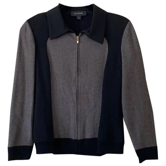 ST. JOHN Black‎ & Grey Color-block Full Zip Jacket Women's Size 6 g2 - Picture 1 of 7